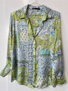 Zara| Satiny Floral & Paisley Patchwork Shirt in Lime Green & Light Blue Sz M